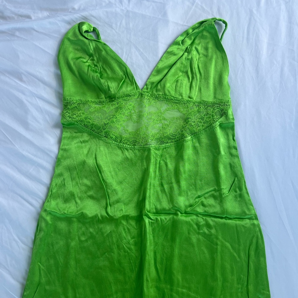 Bright green laced slip dress [Zara]